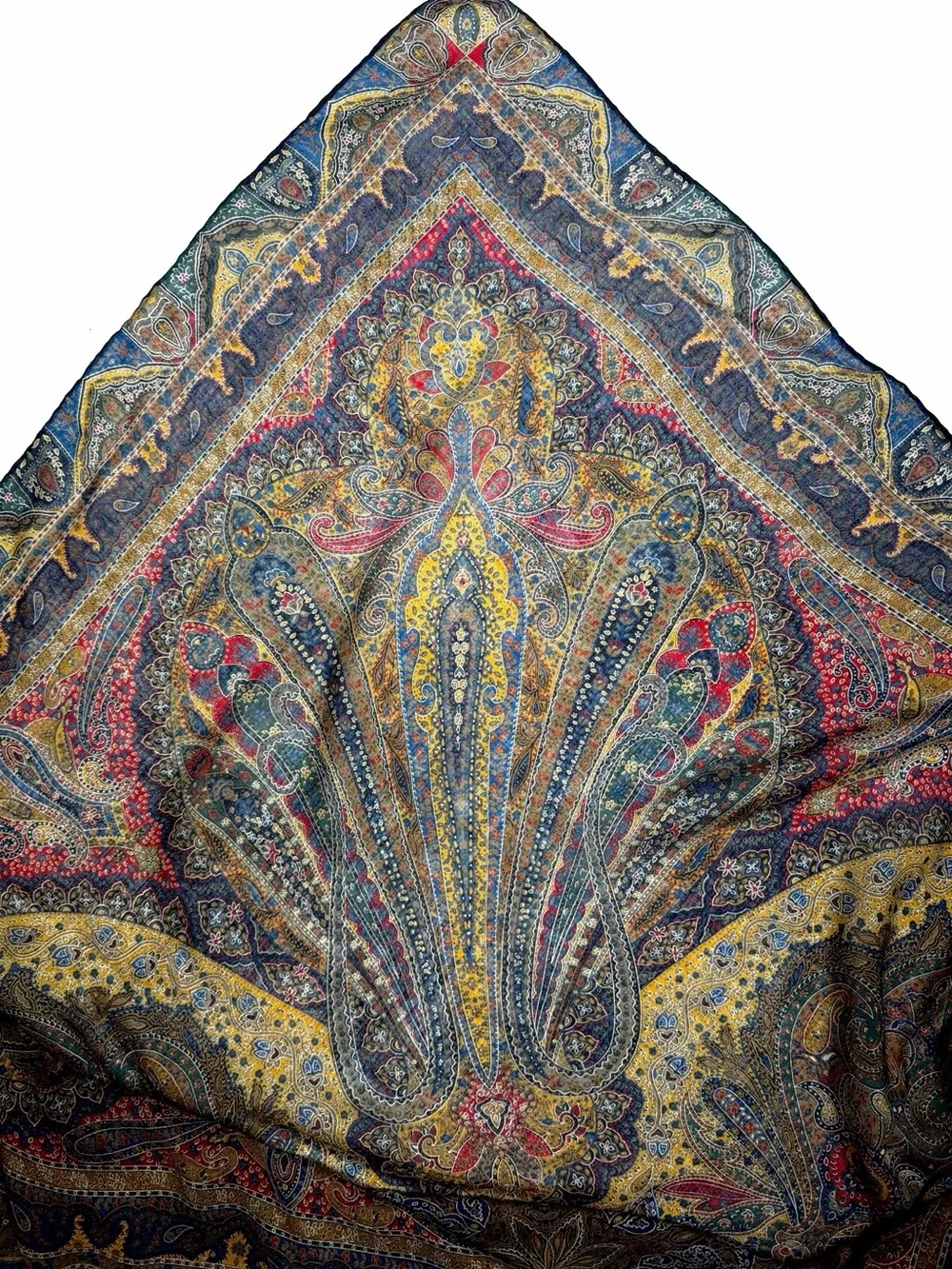 Vintage Large Wool (?) Paisley Shawl Scarf 54” Square Hand Rolled Multicolor
